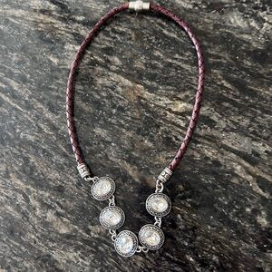 Vintage-Brown Braided Necklace with silver toned crystal stones